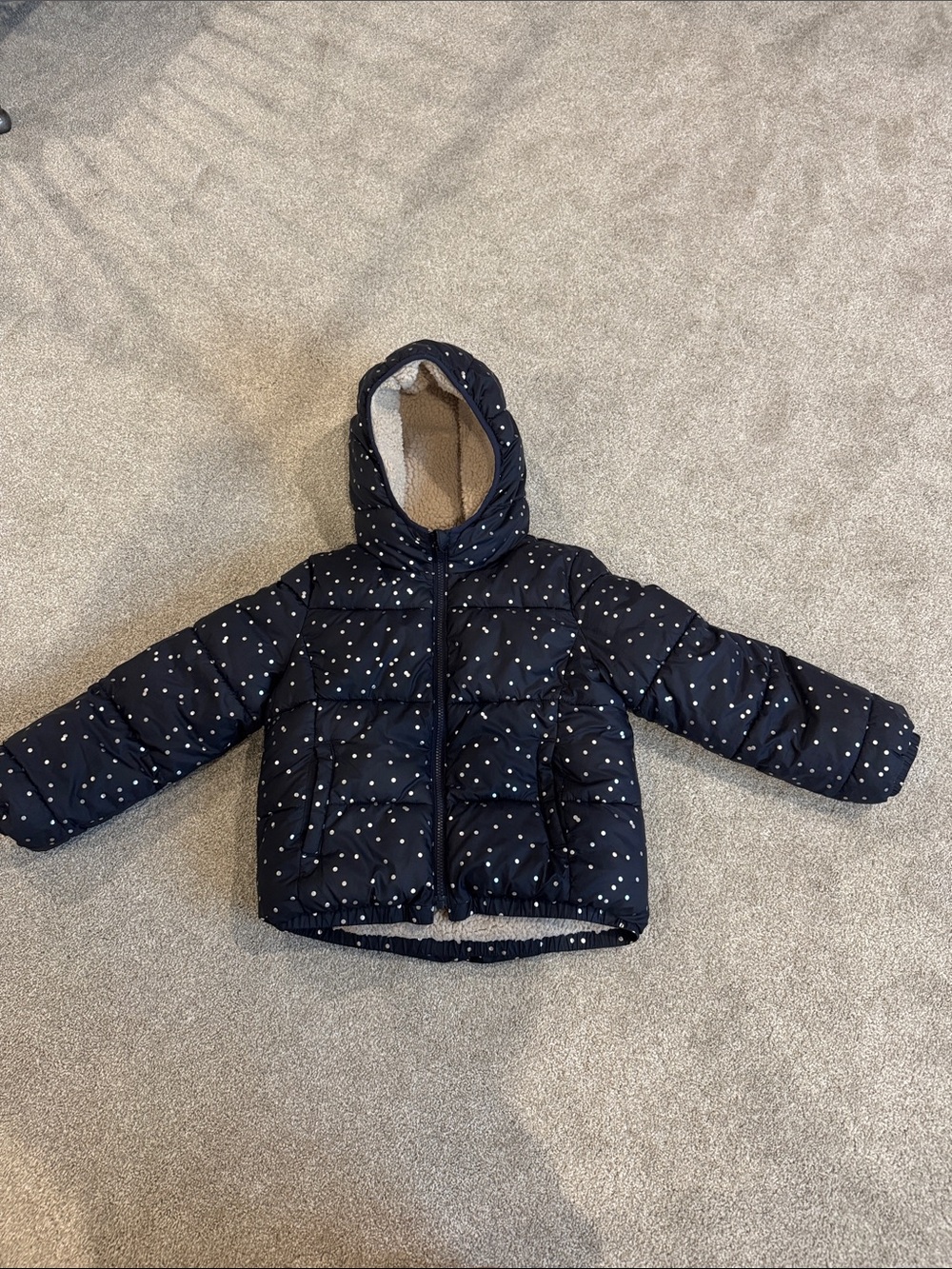 GAP Navy Hooded Puffer Jacket with White Polka Dots